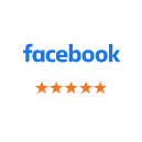 Facebook logo with five orange stars rating below it for premier dental review