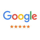 Google logo with five-star rating for premier dental practice reviews