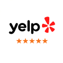 Yelp logo with five gold stars indicating premier dental business rating